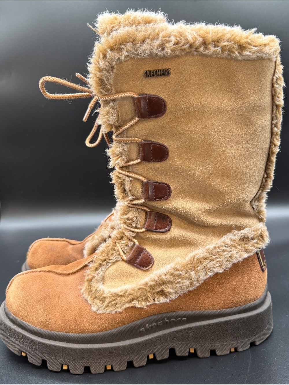 VTG Y2K Skechers outdoors frolic chunky platform boots tan suede fur size 8.5